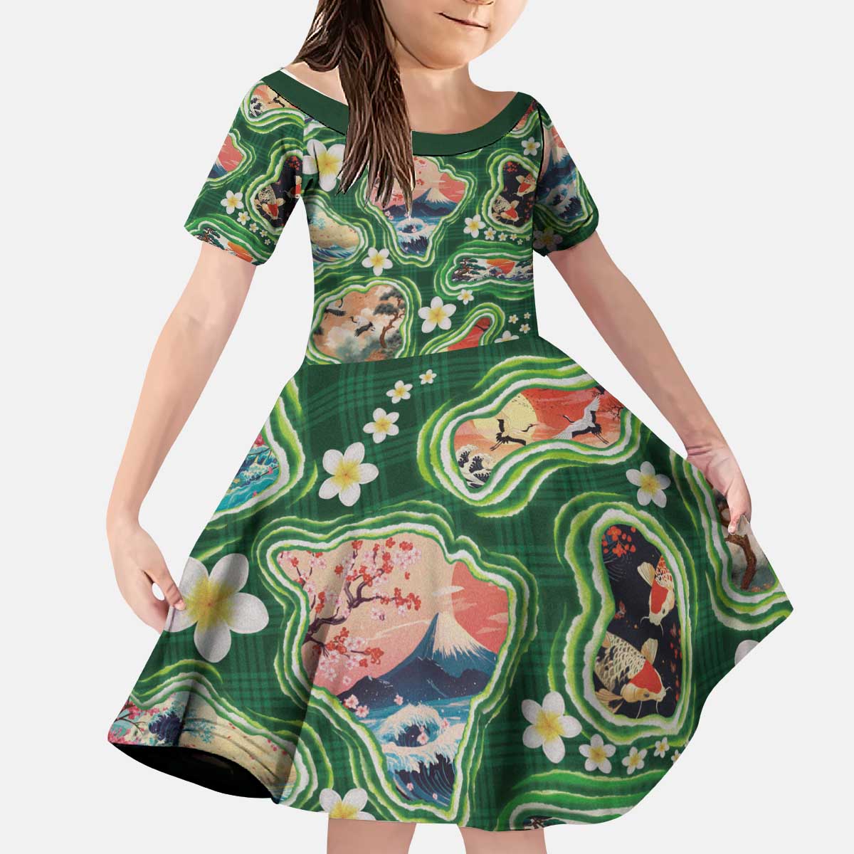 Hawaiian and Japanese Culture Together Kid Short Sleeve Dress Hawaiian Island Shapes with Japanese Landscape Green Color LT03 KID Green - Polynesian Pride