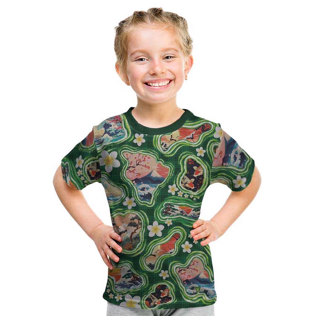 Hawaiian and Japanese Culture Together Kid T Shirt Hawaiian Island Shapes with Japanese Landscape Green Color