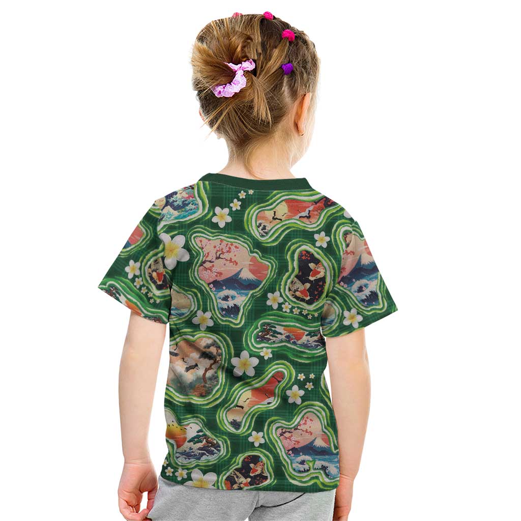 Hawaiian and Japanese Culture Together Kid T Shirt Hawaiian Island Shapes with Japanese Landscape Green Color LT03 - Polynesian Pride
