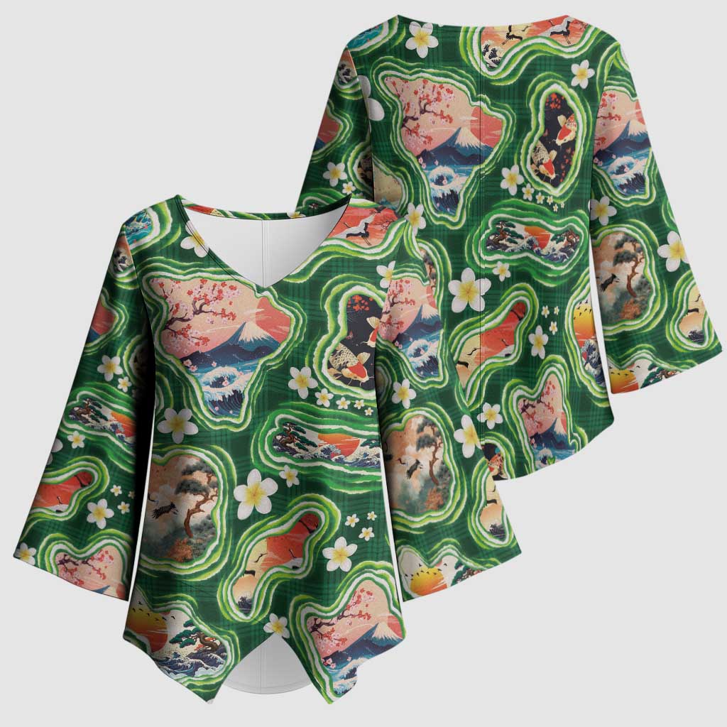 Hawaiian and Japanese Culture Together Kimono Sleeve Blouse Hawaiian Island Shapes with Japanese Landscape Green Color LT03 - Polynesian Pride