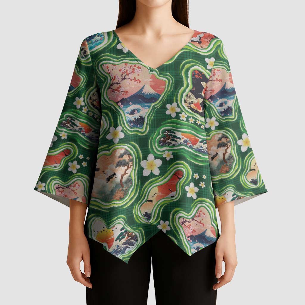 Hawaiian and Japanese Culture Together Kimono Sleeve Blouse Hawaiian Island Shapes with Japanese Landscape Green Color LT03 - Polynesian Pride