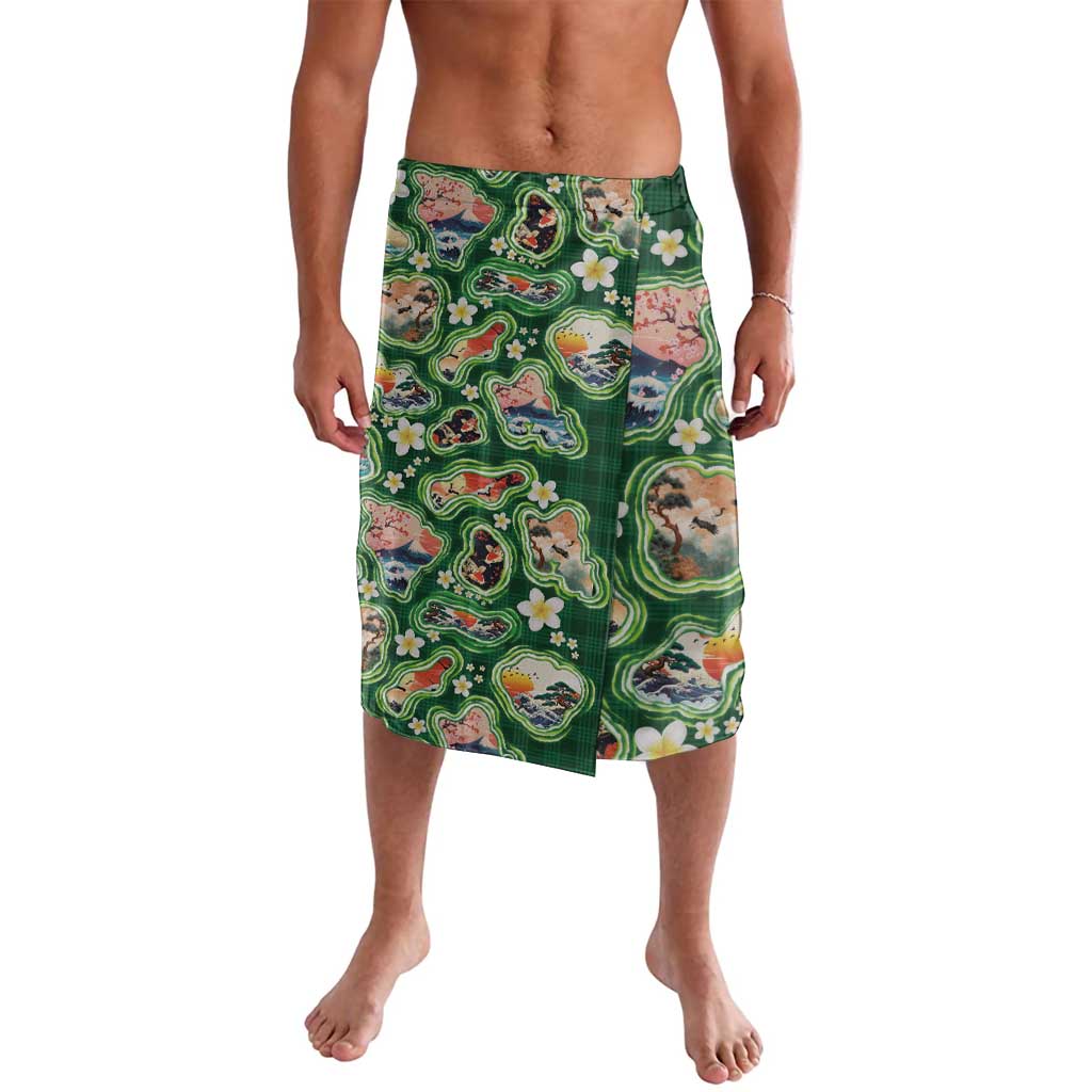 Hawaiian and Japanese Culture Together Lavalava Hawaiian Island Shapes with Japanese Landscape Green Color