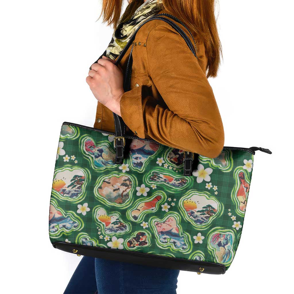 Hawaiian and Japanese Culture Together Leather Tote Bag Hawaiian Island Shapes with Japanese Landscape Green Color LT03 Green - Polynesian Pride