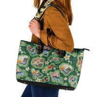 Hawaiian and Japanese Culture Together Leather Tote Bag Hawaiian Island Shapes with Japanese Landscape Green Color LT03 Green - Polynesian Pride