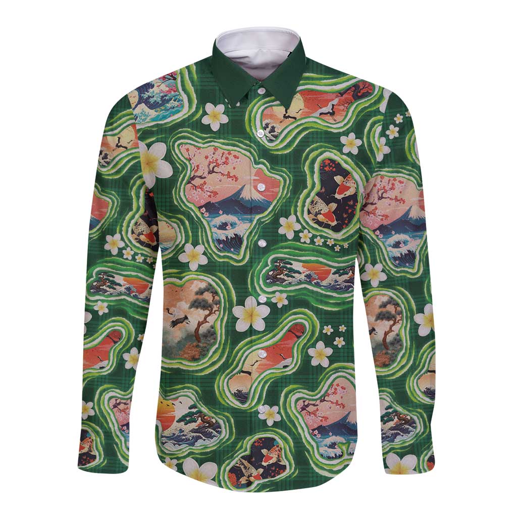Hawaiian and Japanese Culture Together Long Sleeve Button Shirt Hawaiian Island Shapes with Japanese Landscape Green Color LT03 Unisex Green - Polynesian Pride