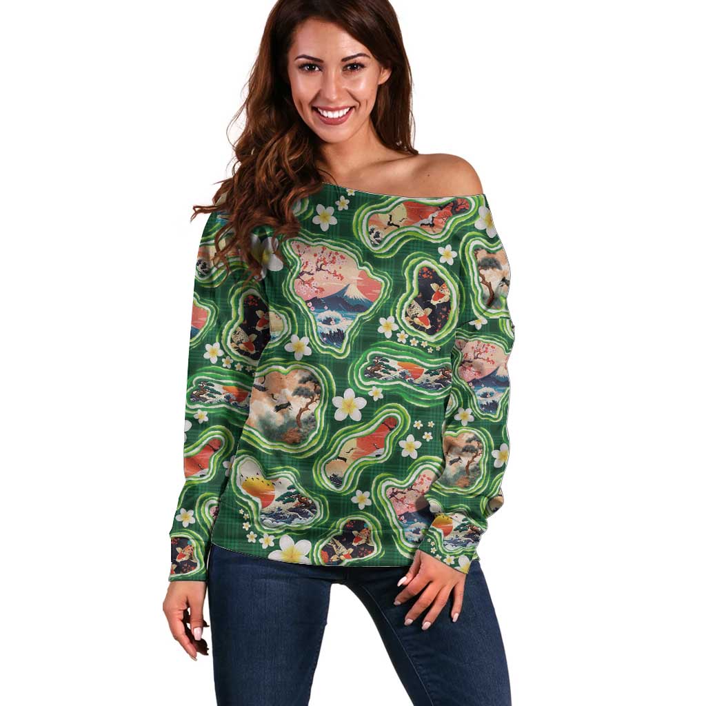 Hawaiian and Japanese Culture Together Off Shoulder Sweater Hawaiian Island Shapes with Japanese Landscape Green Color