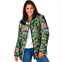 Hawaiian and Japanese Culture Together Padded Jacket Hawaiian Island Shapes with Japanese Landscape Green Color LT03 Women Green - Polynesian Pride