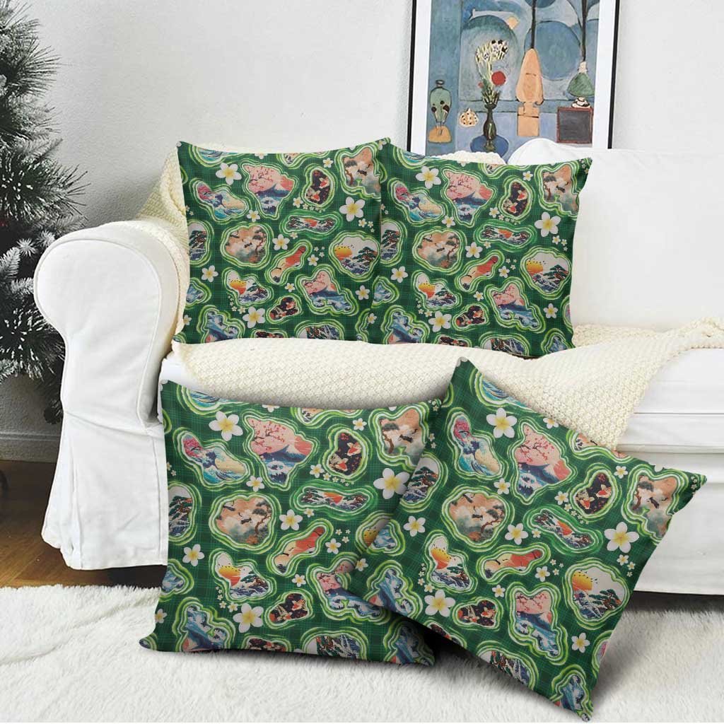 Hawaiian and Japanese Culture Together Pillow Cover Hawaiian Island Shapes with Japanese Landscape Green Color LT03 - Polynesian Pride
