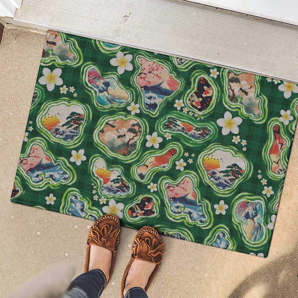 Hawaiian and Japanese Culture Together Rubber Doormat Hawaiian Island Shapes with Japanese Landscape Green Color LT03 - Polynesian Pride