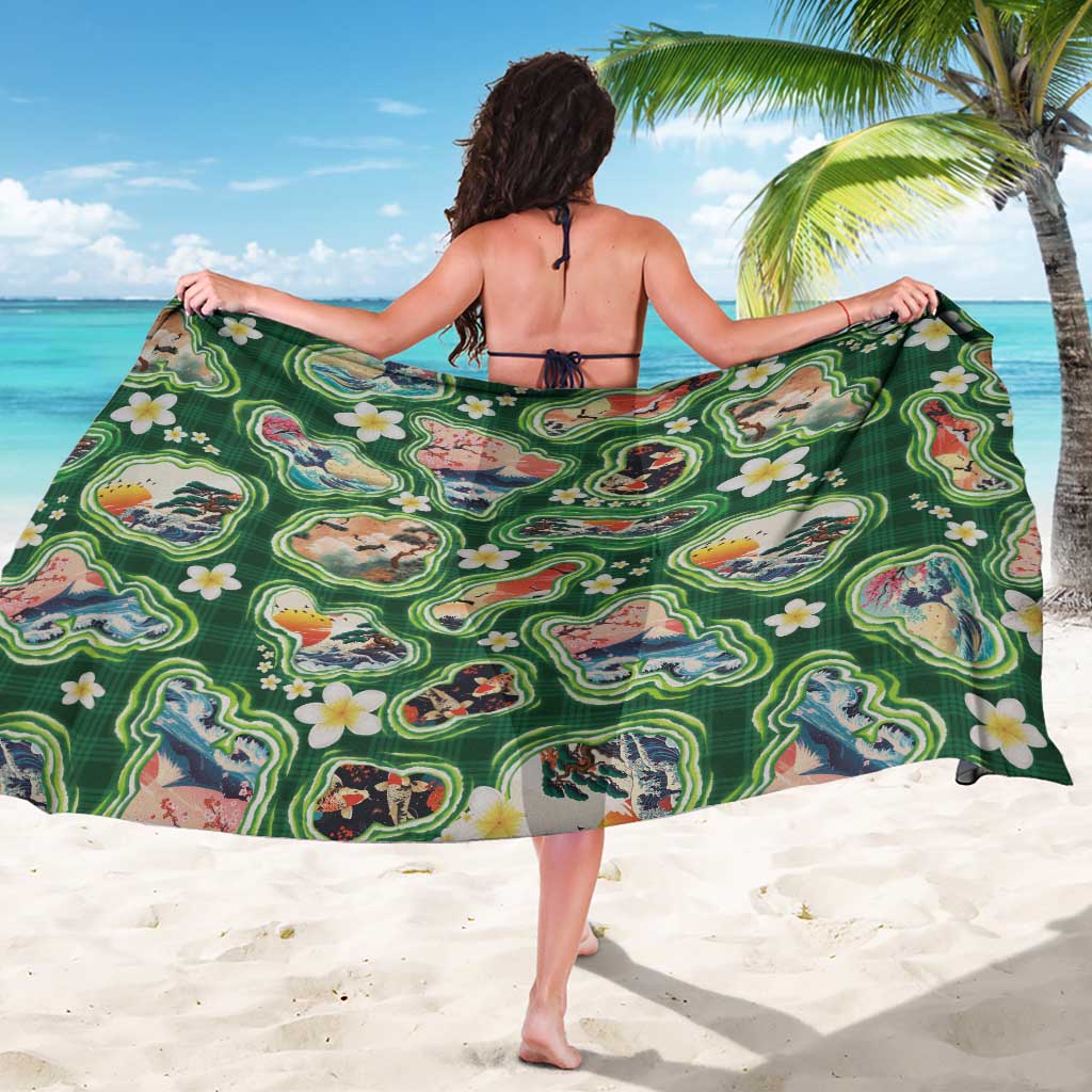 Hawaiian and Japanese Culture Together Sarong Hawaiian Island Shapes with Japanese Landscape Green Color LT03 - Polynesian Pride