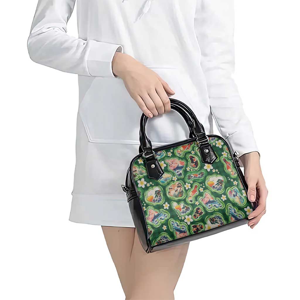 Hawaiian and Japanese Culture Together Shoulder Handbag Hawaiian Island Shapes with Japanese Landscape Green Color LT03 - Polynesian Pride