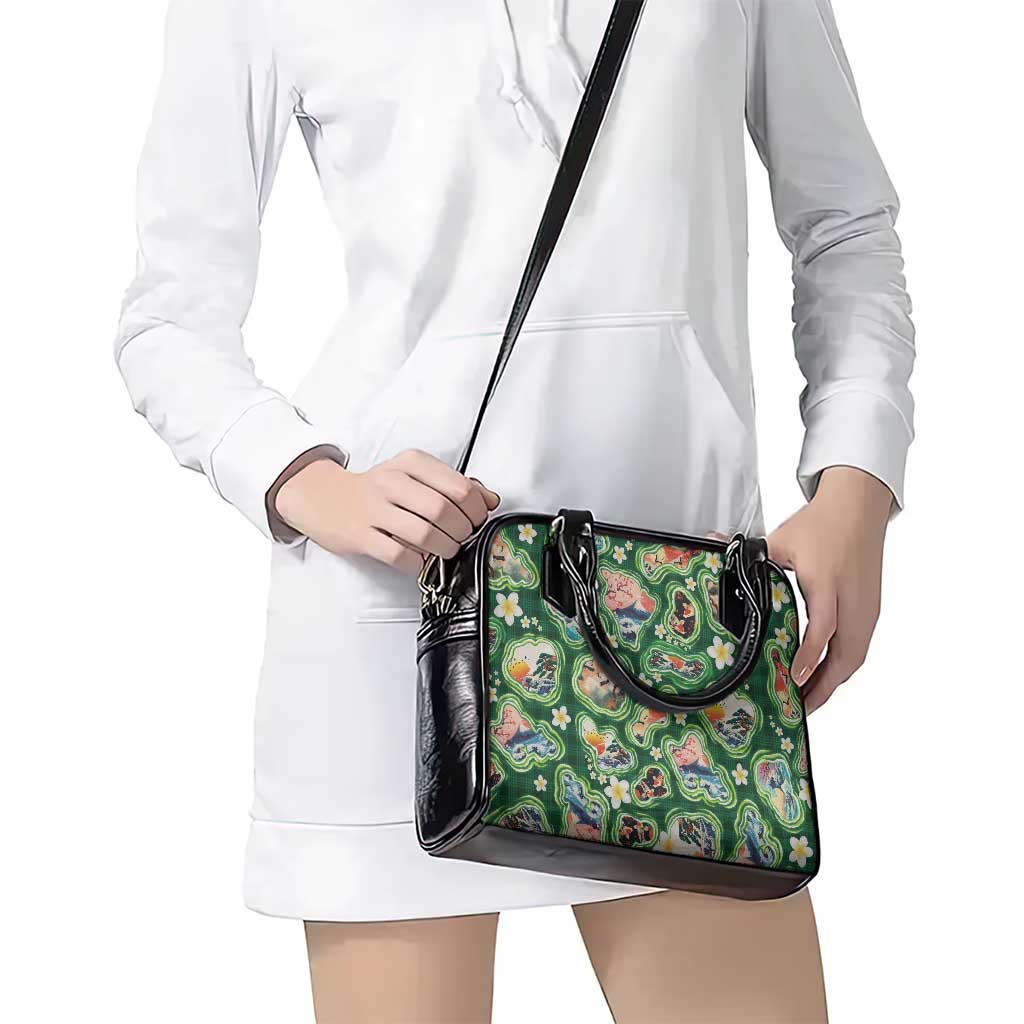 Hawaiian and Japanese Culture Together Shoulder Handbag Hawaiian Island Shapes with Japanese Landscape Green Color LT03 - Polynesian Pride