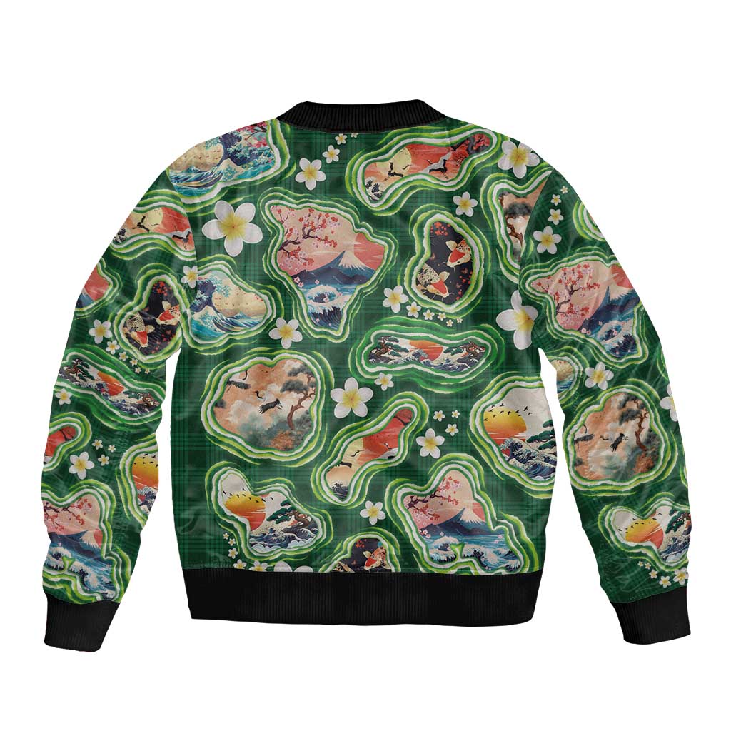 Hawaiian and Japanese Culture Together Sleeve Zip Bomber Jacket Hawaiian Island Shapes with Japanese Landscape Green Color LT03 - Polynesian Pride