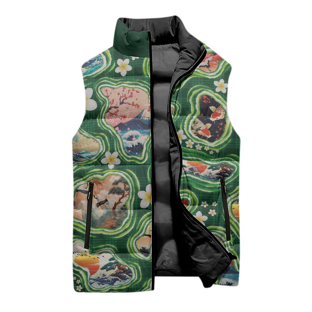Hawaiian and Japanese Culture Together Sleeveless Puffer Jacket Hawaiian Island Shapes with Japanese Landscape Green Color LT03 - Polynesian Pride