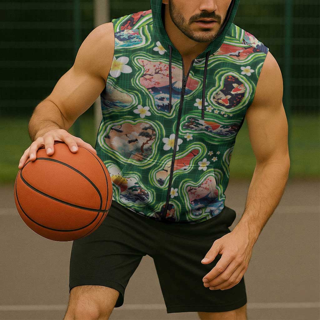 Hawaiian and Japanese Culture Together Sleeveless Zip Hoodie Hawaiian Island Shapes with Japanese Landscape Green Color LT03 - Polynesian Pride