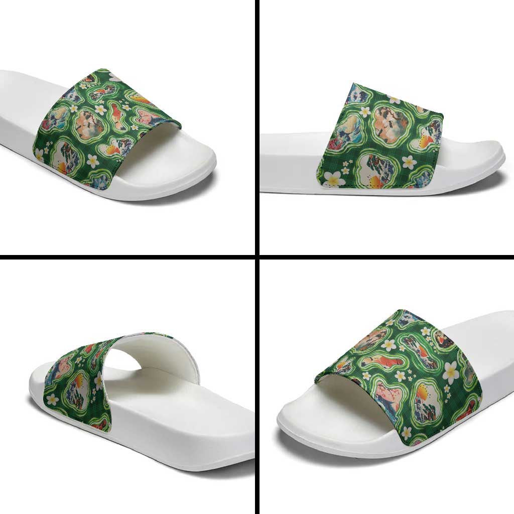 Hawaiian and Japanese Culture Together Slide Sandals Hawaiian Island Shapes with Japanese Landscape Green Color LT03 - Polynesian Pride