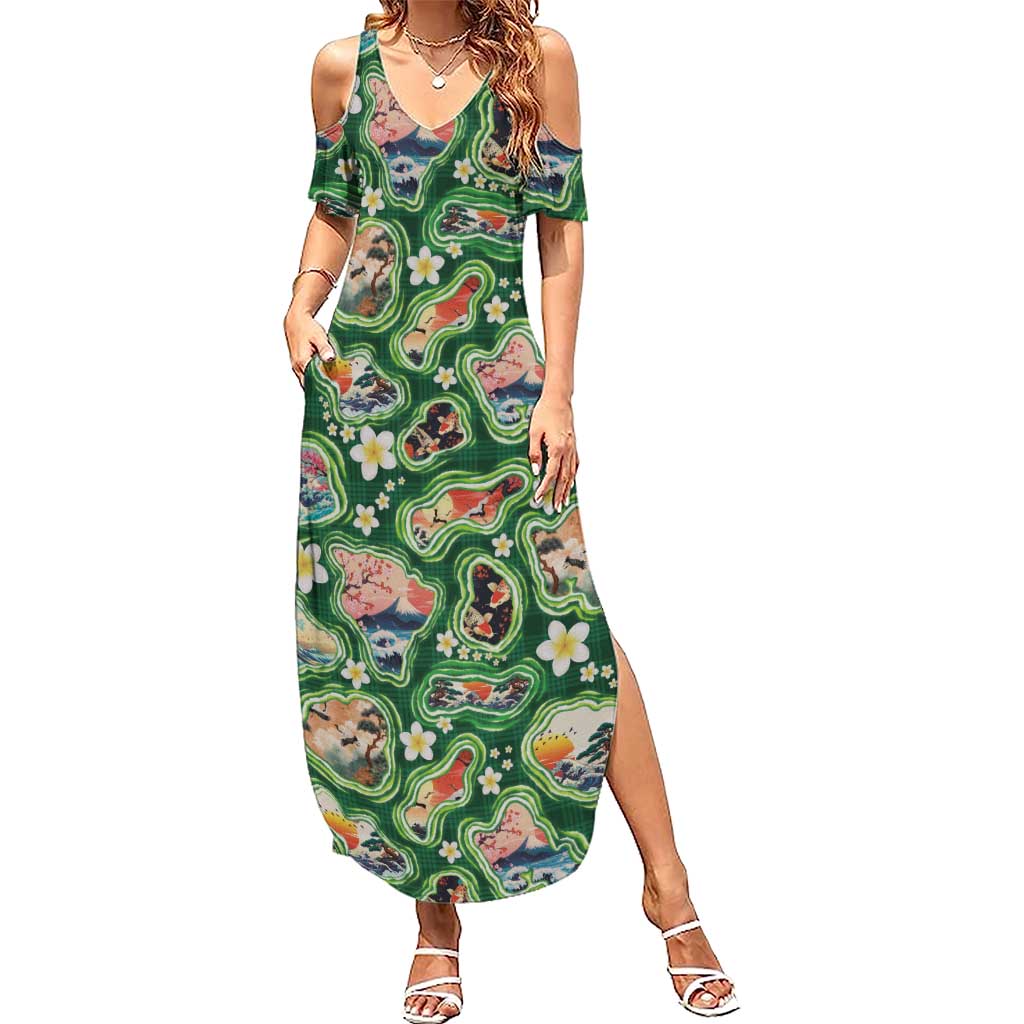 Hawaiian and Japanese Culture Together Summer Maxi Dress Hawaiian Island Shapes with Japanese Landscape Green Color LT03 Women Green - Polynesian Pride