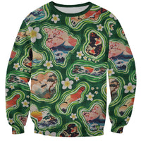Hawaiian and Japanese Culture Together Sweatshirt Hawaiian Island Shapes with Japanese Landscape Green Color LT03 Unisex Green - Polynesian Pride