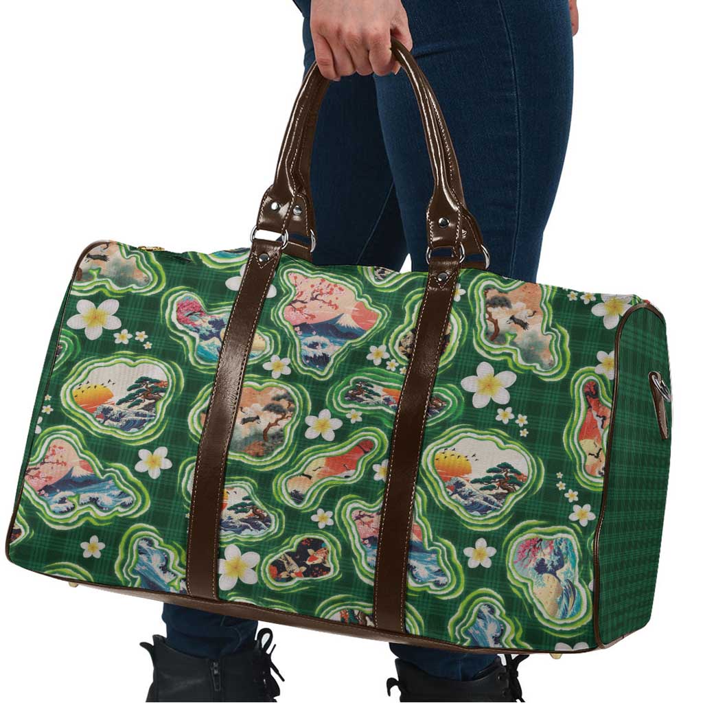 Hawaiian and Japanese Culture Together Travel Bag Hawaiian Island Shapes with Japanese Landscape Green Color LT03 - Polynesian Pride