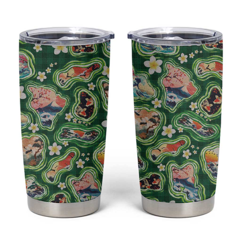 Hawaiian and Japanese Culture Together Tumbler Cup Hawaiian Island Shapes with Japanese Landscape Green Color