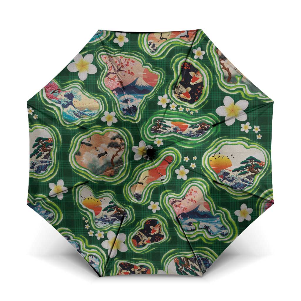Hawaiian and Japanese Culture Together Umbrella Hawaiian Island Shapes with Japanese Landscape Green Color LT03 One Size Folded 11.42 inch Opened Diameter 37.4 inch Green - Polynesian Pride
