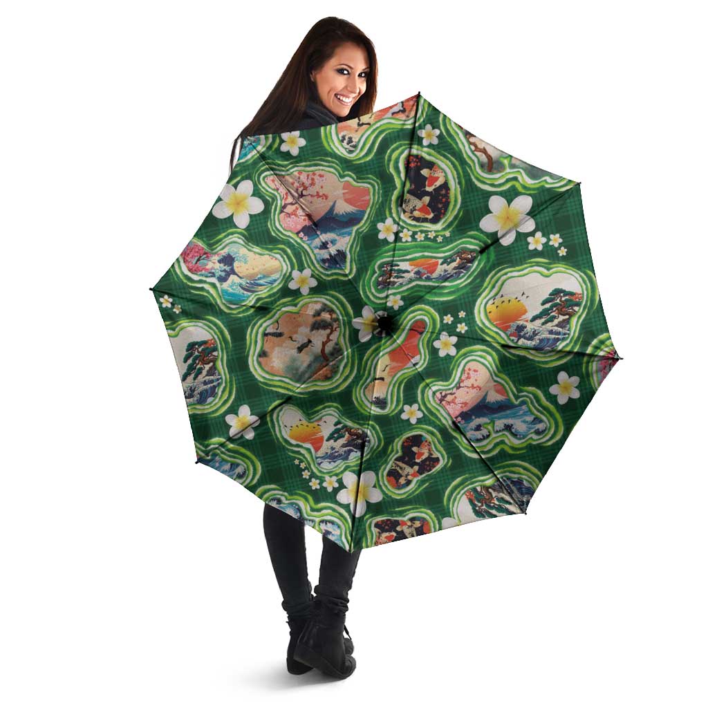 Hawaiian and Japanese Culture Together Umbrella Hawaiian Island Shapes with Japanese Landscape Green Color LT03 - Polynesian Pride