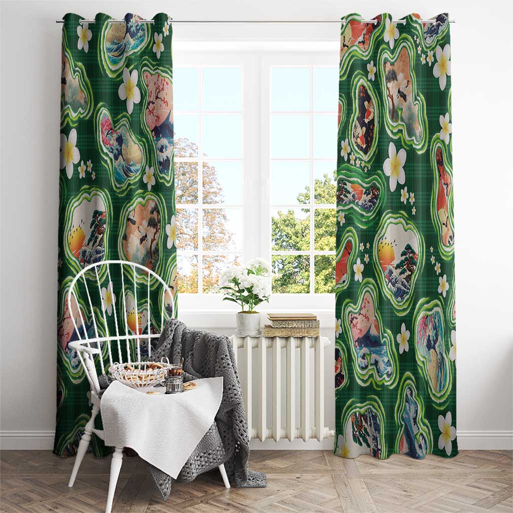 Hawaiian and Japanese Culture Together Window Curtain Hawaiian Island Shapes with Japanese Landscape Green Color LT03 - Polynesian Pride