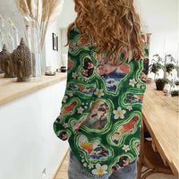 Hawaiian and Japanese Culture Together Women Casual Shirt Hawaiian Island Shapes with Japanese Landscape Green Color LT03 - Polynesian Pride