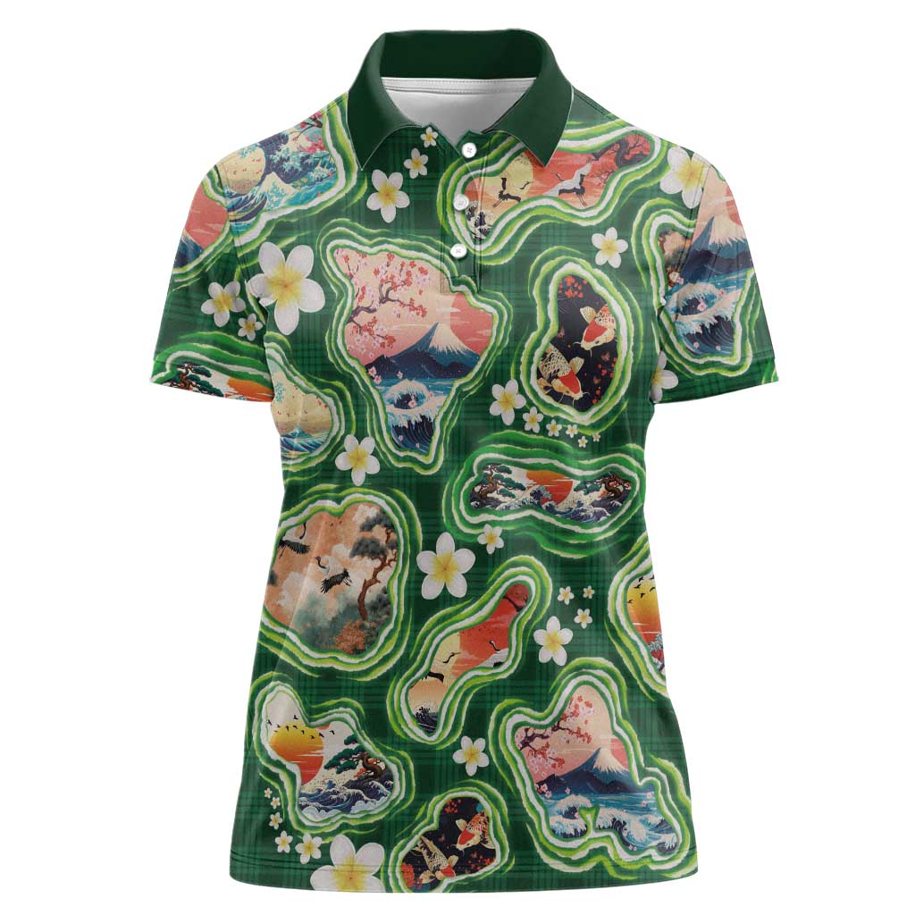 Hawaiian and Japanese Culture Together Women Polo Shirt Hawaiian Island Shapes with Japanese Landscape Green Color LT03 Female Green - Polynesian Pride