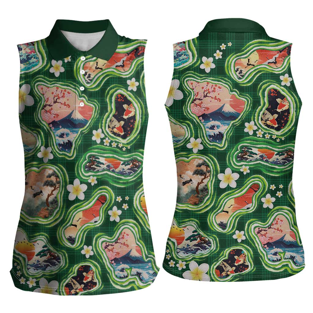 Hawaiian and Japanese Culture Together Women Sleeveless Polo Shirt Hawaiian Island Shapes with Japanese Landscape Green Color LT03 - Polynesian Pride