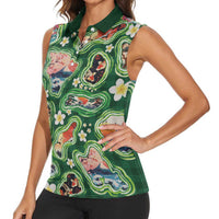 Hawaiian and Japanese Culture Together Women Sleeveless Polo Shirt Hawaiian Island Shapes with Japanese Landscape Green Color LT03 - Polynesian Pride