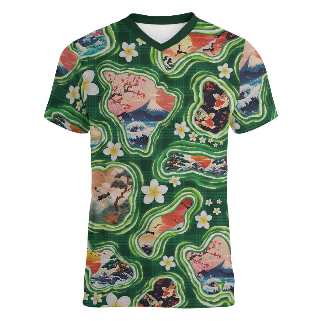 Hawaiian and Japanese Culture Together Women V-Neck T-Shirt Hawaiian Island Shapes with Japanese Landscape Green Color LT03 Female Green - Polynesian Pride