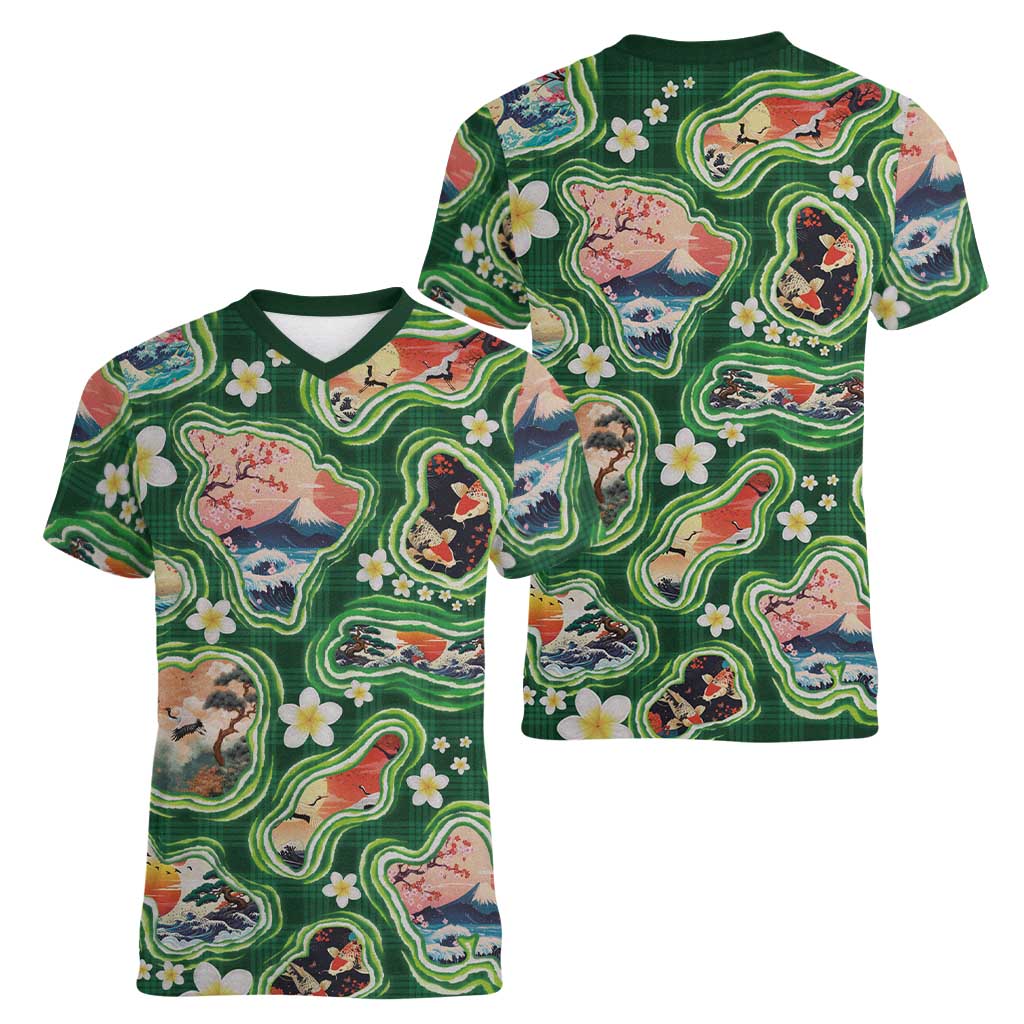 Hawaiian and Japanese Culture Together Women V-Neck T-Shirt Hawaiian Island Shapes with Japanese Landscape Green Color LT03 - Polynesian Pride