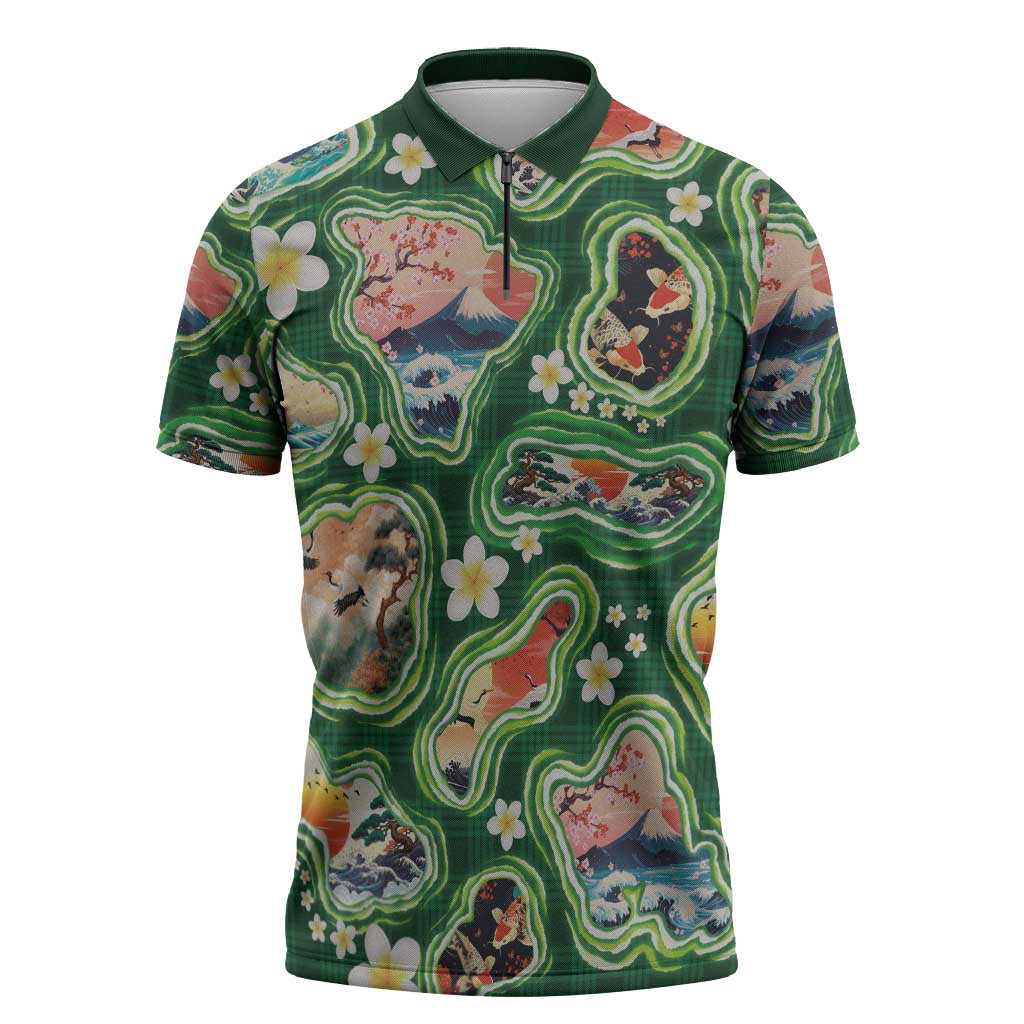 Hawaiian and Japanese Culture Together Zipper Polo Shirt Hawaiian Island Shapes with Japanese Landscape Green Color