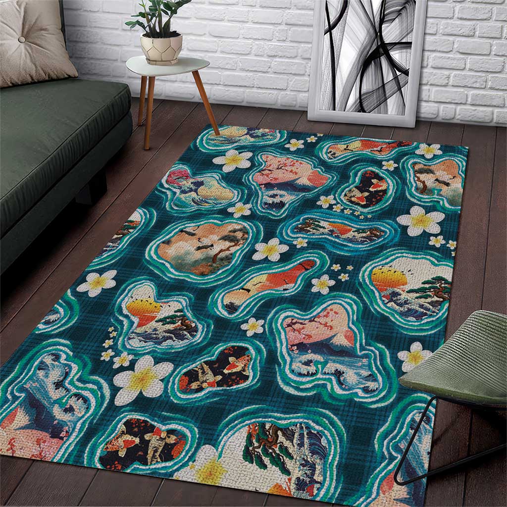 Hawaiian and Japanese Culture Together Area Rug Hawaiian Island Shapes with Japanese Landscape Teal Color LT03 Teal - Polynesian Pride