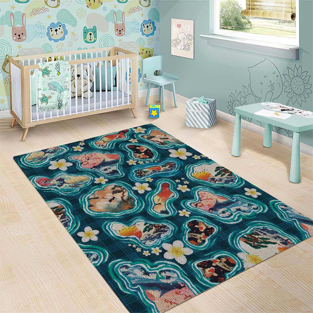 Hawaiian and Japanese Culture Together Area Rug Hawaiian Island Shapes with Japanese Landscape Teal Color LT03 - Polynesian Pride