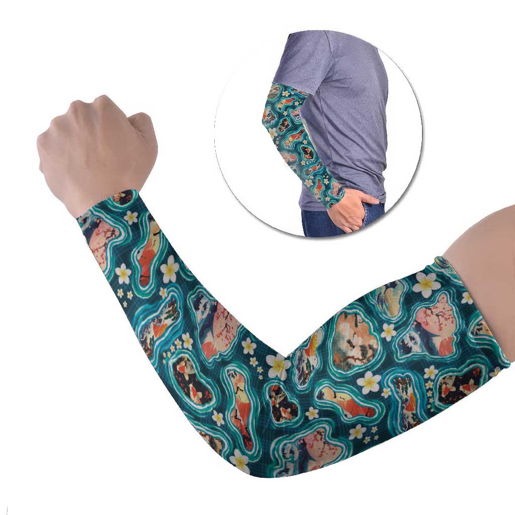 Hawaiian and Japanese Culture Together Arm Sleeves Hawaiian Island Shapes with Japanese Landscape Teal Color LT03 Set of 2 Teal - Polynesian Pride