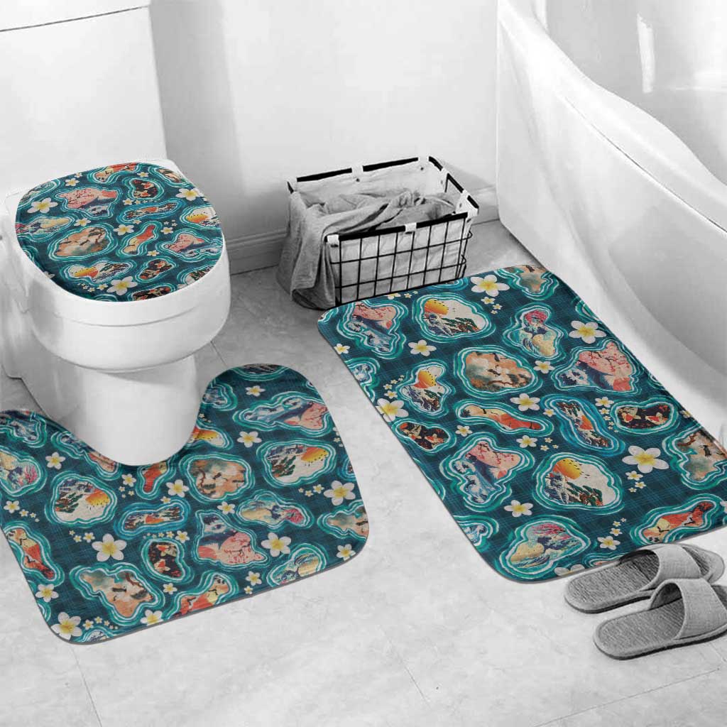 Hawaiian and Japanese Culture Together Bathroom Set Hawaiian Island Shapes with Japanese Landscape Teal Color LT03 Mat Set Only (3 pcs) One Size Teal - Polynesian Pride