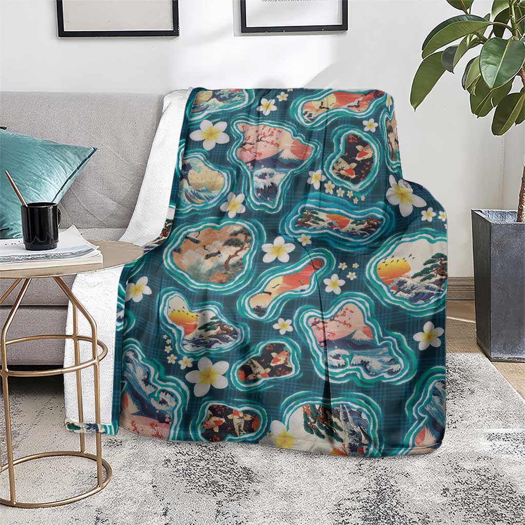 Hawaiian and Japanese Culture Together Blanket Hawaiian Island Shapes with Japanese Landscape Teal Color LT03 - Polynesian Pride