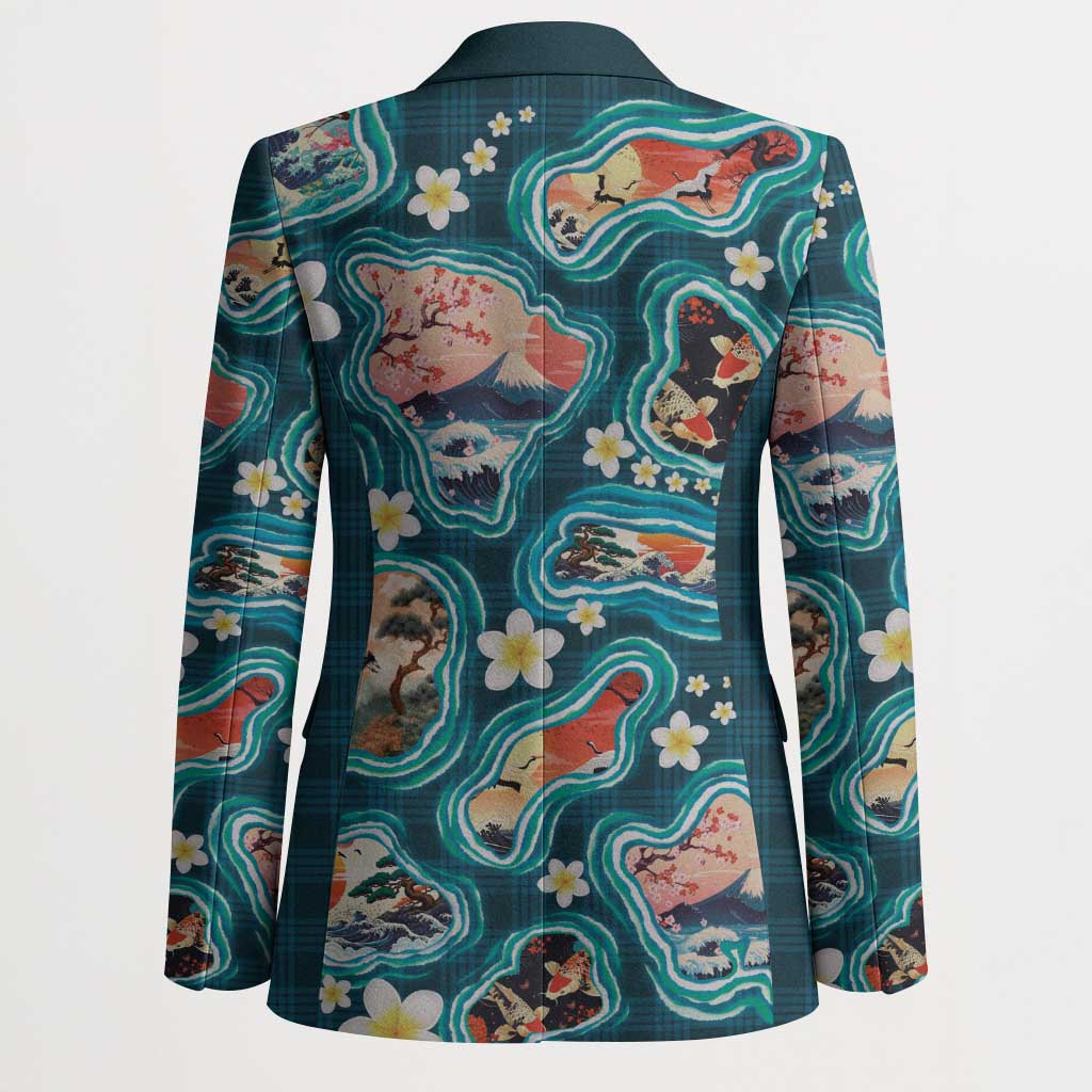 Hawaiian and Japanese Culture Together Blazer Hawaiian Island Shapes with Japanese Landscape Teal Color LT03 - Polynesian Pride