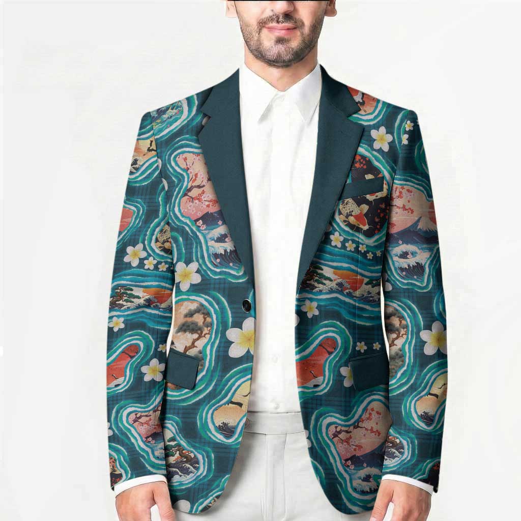 Hawaiian and Japanese Culture Together Blazer Hawaiian Island Shapes with Japanese Landscape Teal Color LT03 - Polynesian Pride