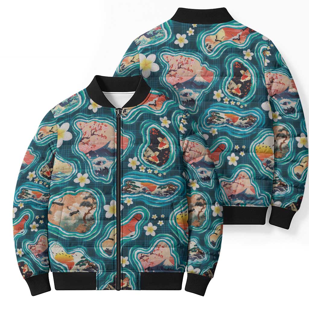 Hawaiian and Japanese Culture Together Bomber Puffer Jacket Hawaiian Island Shapes with Japanese Landscape Teal Color LT03 - Polynesian Pride
