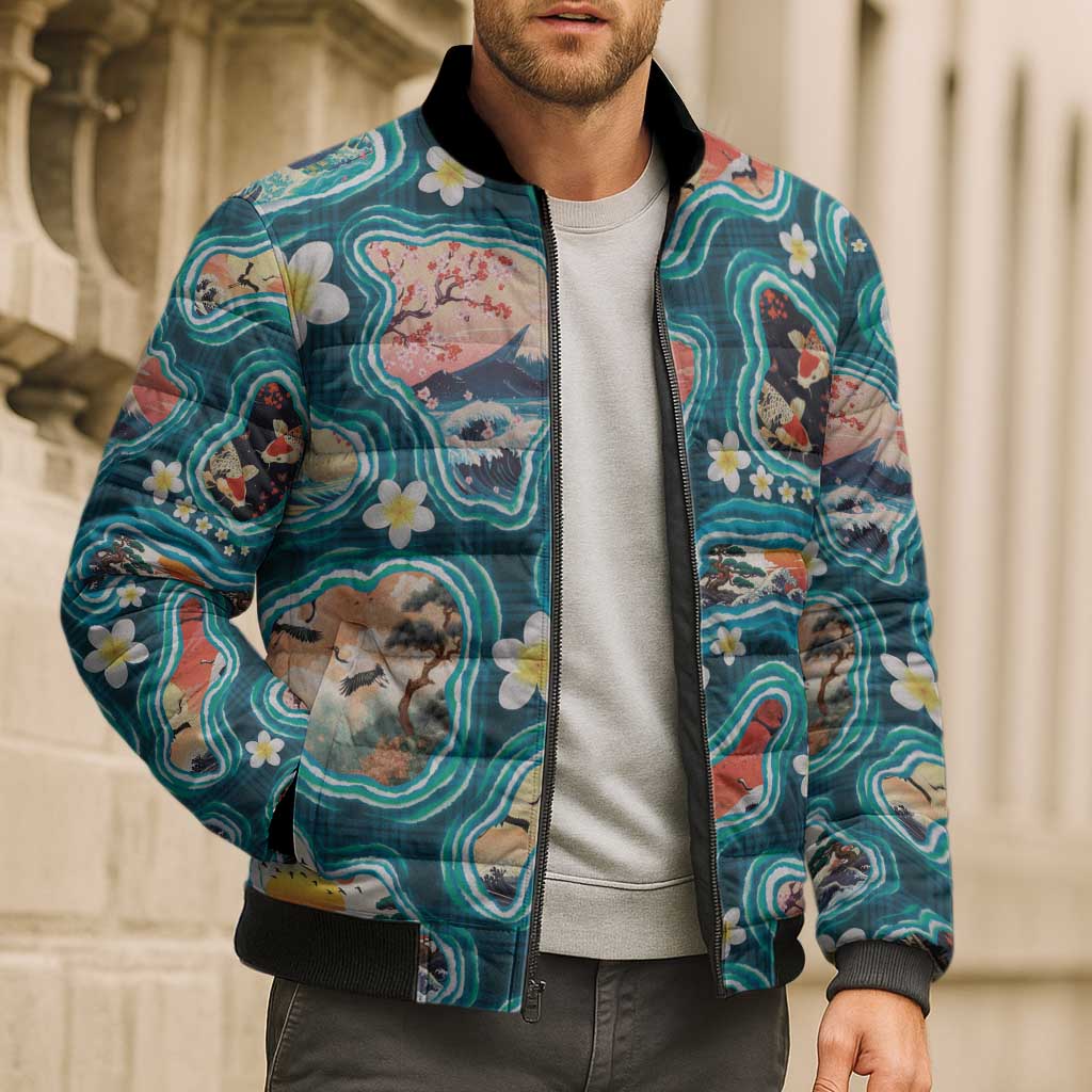 Hawaiian and Japanese Culture Together Bomber Puffer Jacket Hawaiian Island Shapes with Japanese Landscape Teal Color LT03 - Polynesian Pride