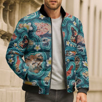 Hawaiian and Japanese Culture Together Bomber Puffer Jacket Hawaiian Island Shapes with Japanese Landscape Teal Color LT03 - Polynesian Pride