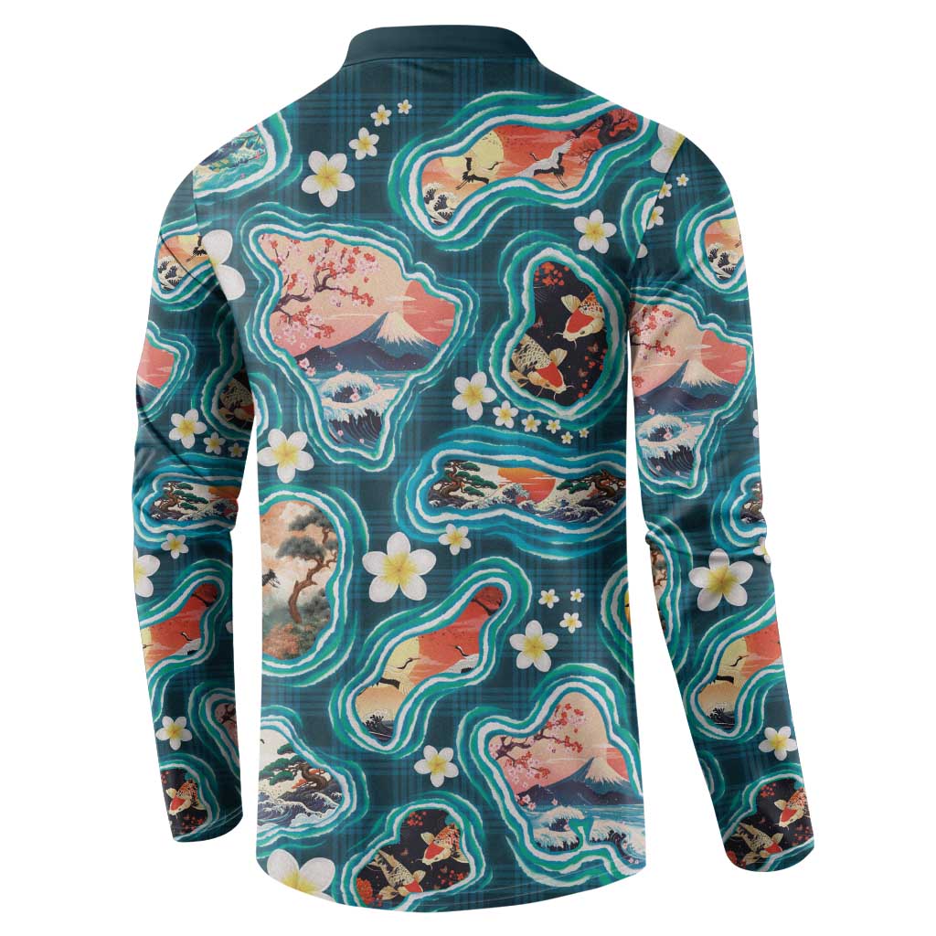 Hawaiian and Japanese Culture Together Button Sweatshirt Hawaiian Island Shapes with Japanese Landscape Teal Color LT03 - Polynesian Pride