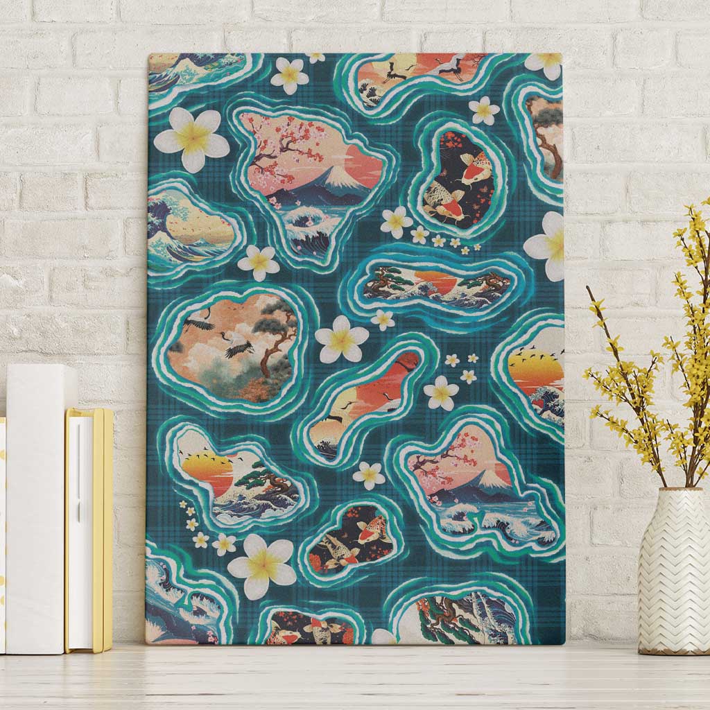 Hawaiian and Japanese Culture Together Canvas Wall Art Hawaiian Island Shapes with Japanese Landscape Teal Color