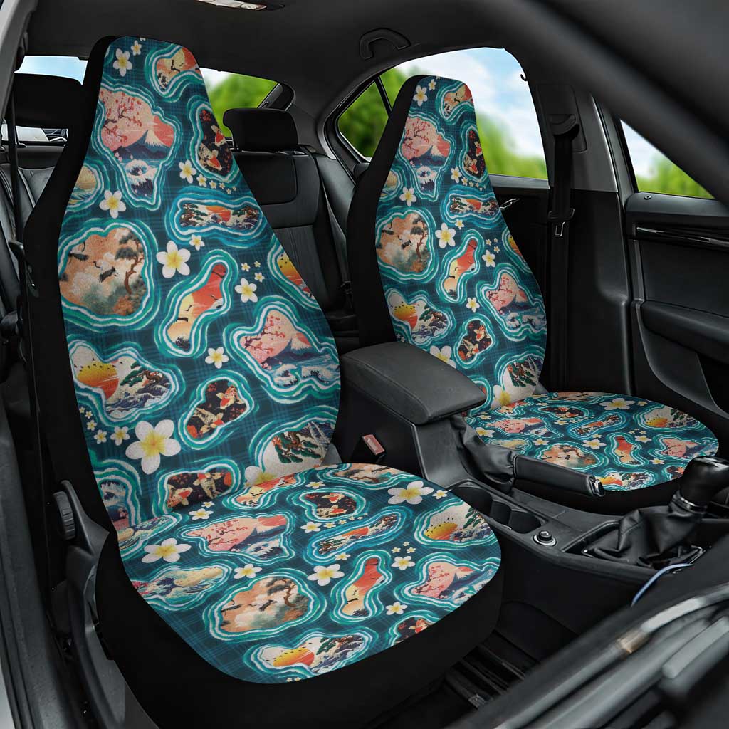 Hawaiian and Japanese Culture Together Car Seat Cover Hawaiian Island Shapes with Japanese Landscape Teal Color LT03 One Size Teal - Polynesian Pride