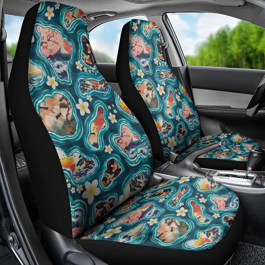 Hawaiian and Japanese Culture Together Car Seat Cover Hawaiian Island Shapes with Japanese Landscape Teal Color LT03 - Polynesian Pride