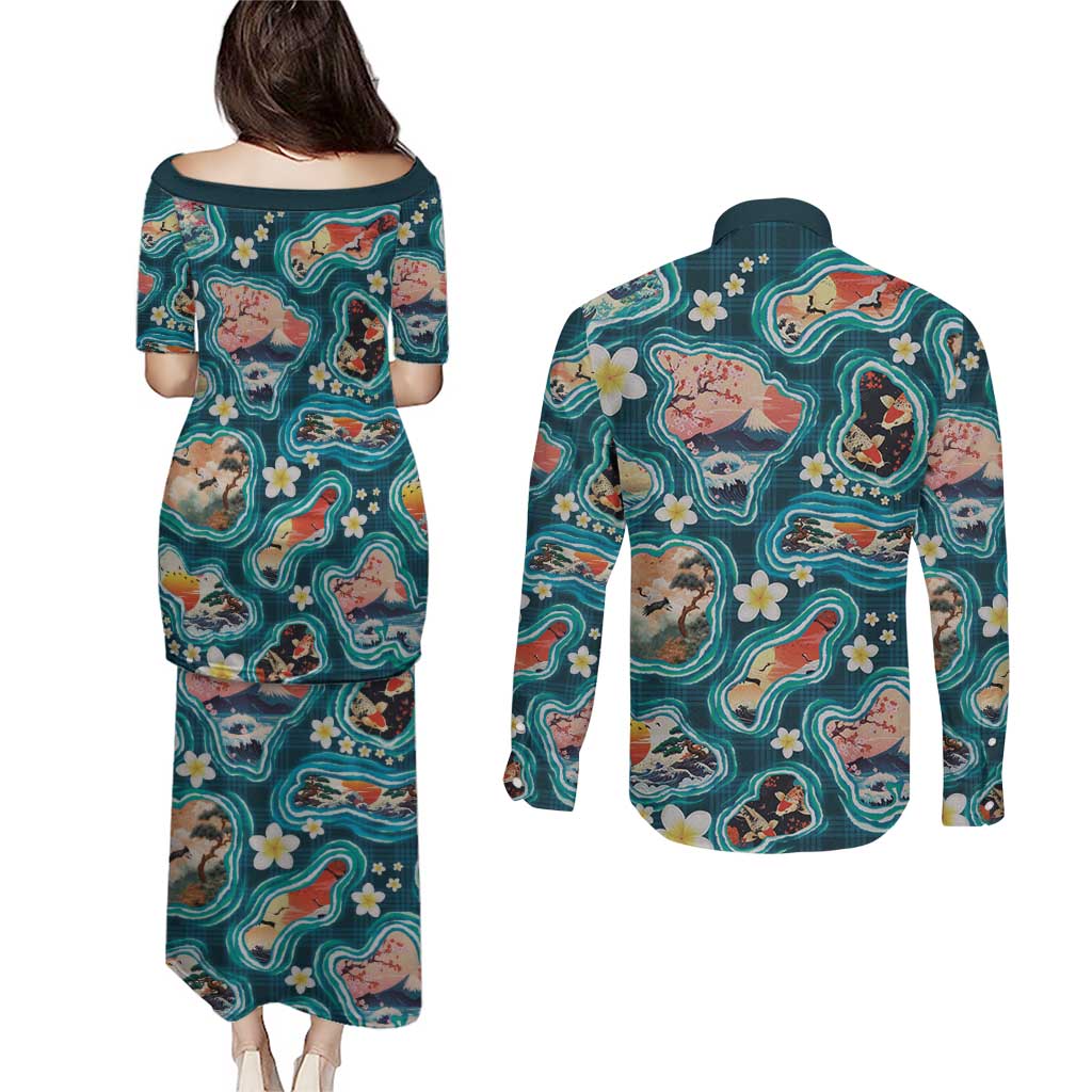 Hawaiian and Japanese Culture Together Couples Matching Puletasi and Long Sleeve Button Shirt Hawaiian Island Shapes with Japanese Landscape Teal Color LT03 - Polynesian Pride