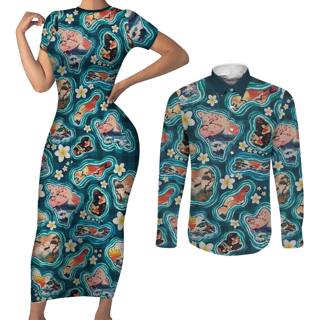 Hawaiian and Japanese Culture Together Couples Matching Short Sleeve Bodycon Dress and Long Sleeve Button Shirt Hawaiian Island Shapes with Japanese Landscape Teal Color LT03 Teal - Polynesian Pride